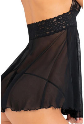 Rene Rofe 2-Piece Halter Chemise & G-String 30941 Set Sexy Babydoll Black