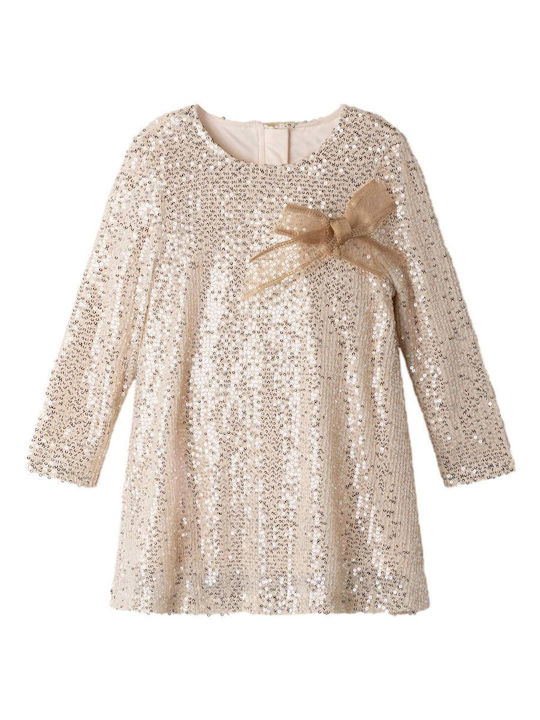 Mädchenkleid Langärmelig mit Pailletten Set aus 2 mit Zubehör Beiges