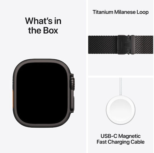 Apple Watch Ultra 3 Titanium 49mm Waterproof with eSIM and Heart Rate Monitor (Black Titanium Case with Black Titanium Milanese Loop - Large)