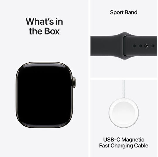 Apple Watch Series 11 Titanium 46mm Waterproof with eSIM and Heart Rate Monitor (Slate Titanium Case with Black Sport Band - M/L)