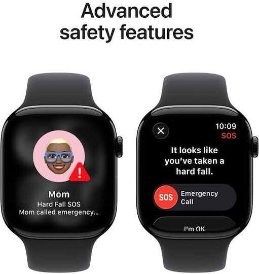 Apple Watch Series 11 Cellular Aluminium 42mm Αδιάβροχο με eSIM και Παλμογράφο (Jet Black Aluminium Case with Black Sport Band - S/M)