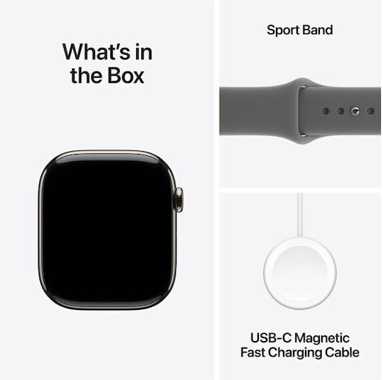 Apple Watch Series 11 Titanium 42mm Waterproof with eSIM and Heart Rate Monitor (Natural Titanium Case with Stone Grey Sport Band - M/L)