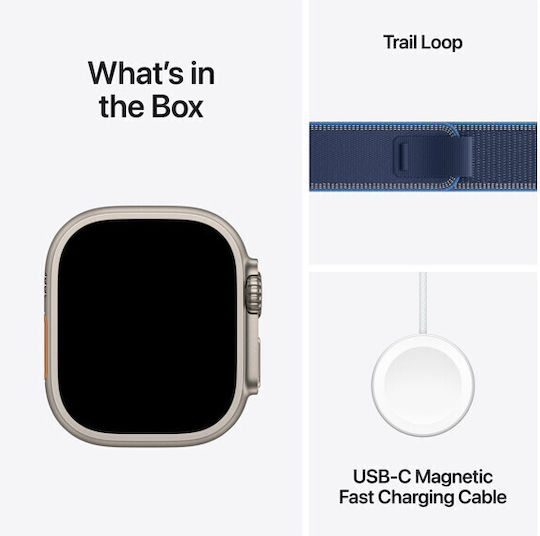 Apple Watch Ultra 3 Titanium 49mm Waterproof with eSIM and Heart Rate Monitor (Natural Titanium Case with Blue/Bright Blue Trail Loop - S/M)