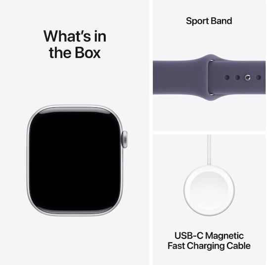 Apple Watch Series 11 Aluminium 46mm Waterproof with eSIM and Heart Rate Monitor (Silver Aluminium Case with Purple Fog Sport Band - M/L)