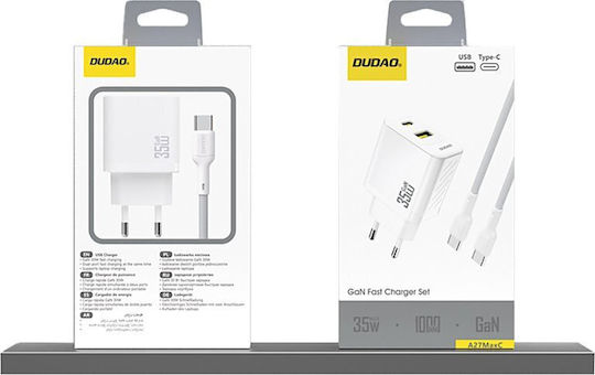 Dudao GaN с USB-A порт и USB-C порт и кабел USB-C - USB-C 35W Power Delivery Бял (A27 MaxC)