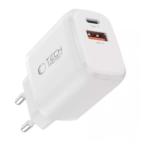 Tech-Protect Ladegerät mit USB-A Anschluss und USB-C Anschluss und Kabel USB-C - Lightning 20W Stromlieferung / Schnellaufladung 3.0 Weißs (NCA20)