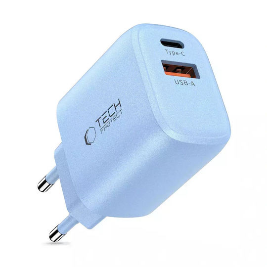 Tech-Protect Ladegerät ohne Kabel mit USB-A Anschluss und USB-C Anschluss 30W Stromlieferung / Schnellaufladung 3.0 Blau (NCA30)
