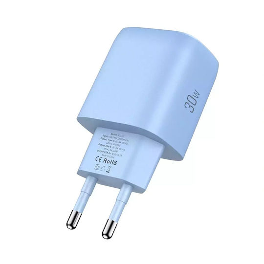 Tech-Protect Ladegerät ohne Kabel mit USB-A Anschluss und USB-C Anschluss 30W Stromlieferung / Schnellaufladung 3.0 Blau (NCA30)