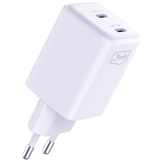3MK Charger Without Cable with 2 USB-C Ports 45W Power Delivery Whites (Hyper Charger)