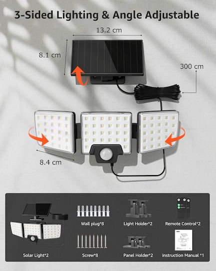 Lampa Montat pe perete Lampă Solară 1000lm Alb Rece 6500K cu Senzor de Mișcare și Telecomandă IP65 25.9bucx10bucx8.9buccm