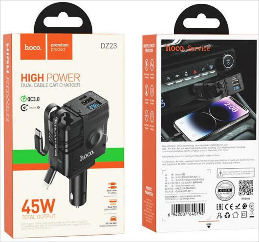 Hoco DZ23 Handy-Autoladegerät 45W 2.4A Schnellladen mit Anschlüssen 1xUSB-A 1xType-C mit Eingebettet Kabel Typ-C Lightning Schwarz Farbe