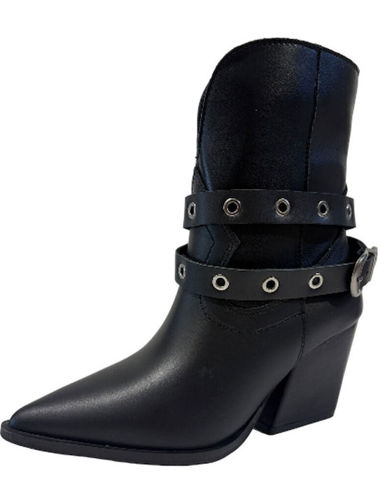 Leather Women's Cowboy Boots with High Heel Black