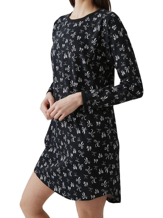 Minerva Winter Damen Nachthemd Black Allover