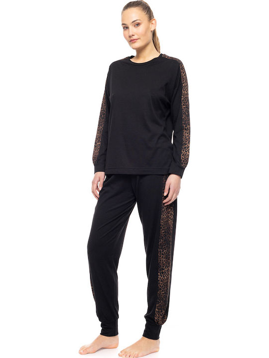 Pink Label Winter Women's Cotton Pyjama Set Black