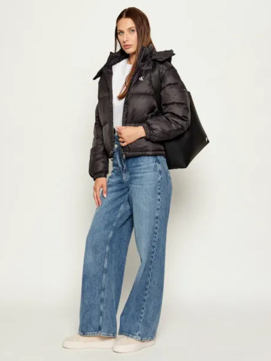 Women's Short Puffer Jacket for Winter with Hood Black