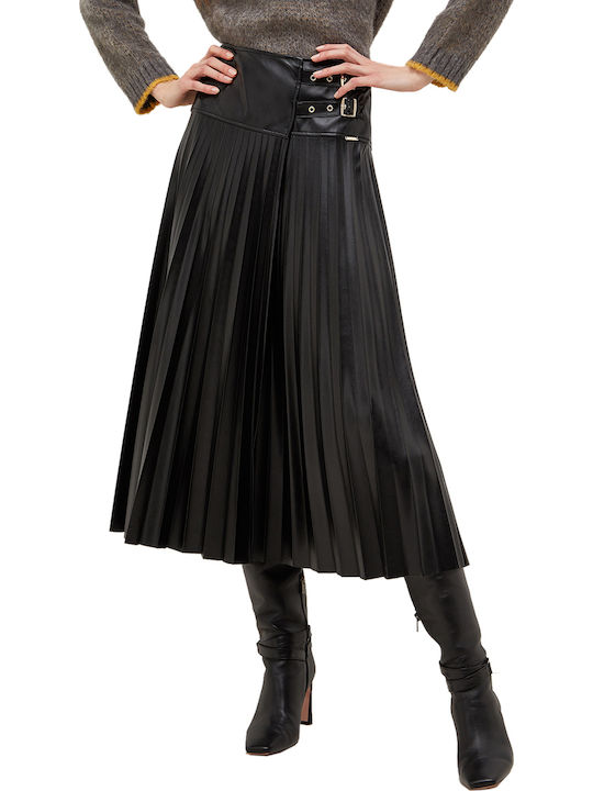 Pleated High-waisted Midi Skirt Black