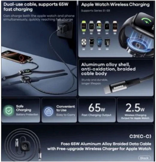 Remax Плетена USB 2.0 Кабел USB-C мъжки - USB-C мъжки 65W Черен