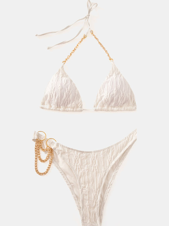 Set Bikini Triunghi Detaliu Lanț Alb Alb Despicat Set Bikini Triunghi Detaliu Lanț Alb Alb Despicat