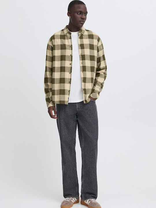 Long Sleeve Flannel Shirt in Regular Fit Checked Khaki