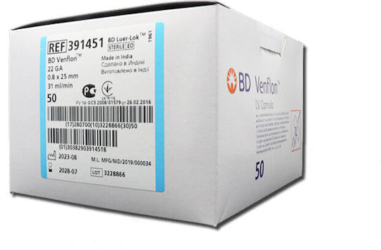 Iv Bd Venflon Venous Catheters 22g 0.8x25mm 50 Pieces