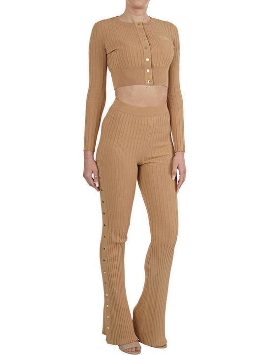 Damen Hoch tailliert Stoff Hose Braun