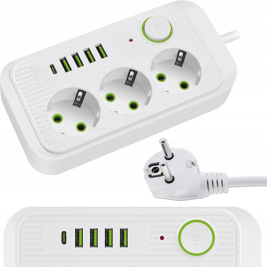 Cable Power Strip with Surge Protection 3 Positions with 4 USB-A, 4 USB-C, Switch and Cable 5m