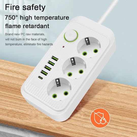 Cable Power Strip with Surge Protection 3 Positions with 4 USB-A, 4 USB-C, Switch and Cable 5m
