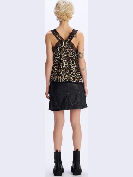 Women's Satin Lingerie Top Animal Print with Lace Leopard