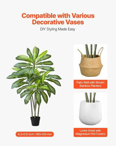 Vevor 1524 мм Изкуствено Дърво Dracaena Фалшиво Растение Бял Саксия За Вътрешна Употреба