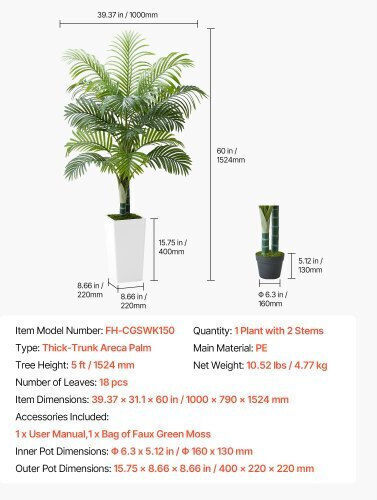 Vevor 1524 мм Изкуствена Палма Areca Фалшиво Растение Бял Саксия За Вътрешна Употреба