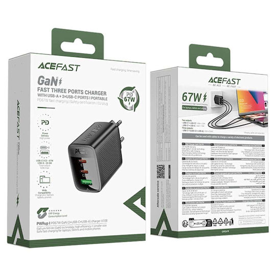 Acefast Φορτιστής Χωρίς Καλώδιο GaN με Θύρα USB-A και 2 Θύρες USB-C 67W Μαύρος (A108)