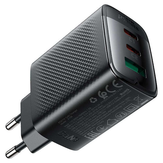 Acefast Φορτιστής Χωρίς Καλώδιο GaN με Θύρα USB-A και 2 Θύρες USB-C 67W Μαύρος (A108)