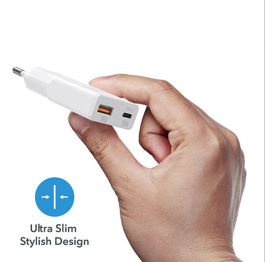 Veger Φορτιστής Χωρίς Καλώδιο με Θύρα USB-A και Θύρα USB-C 30W Power Delivery / Quick Charge 3.0 Λευκός (TC301)