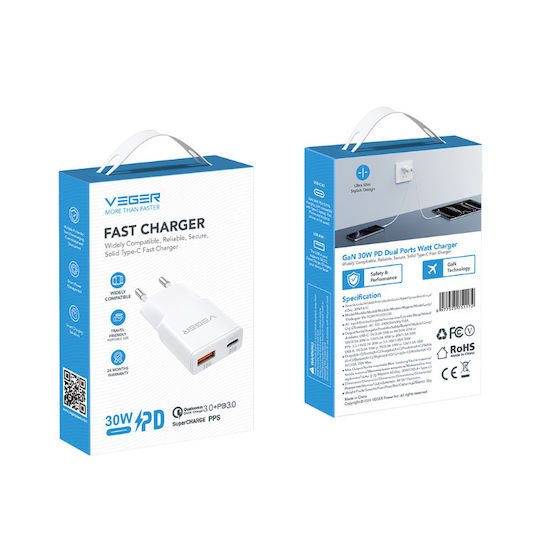 Veger Φορτιστής Χωρίς Καλώδιο με Θύρα USB-A και Θύρα USB-C 30W Power Delivery / Quick Charge 3.0 Λευκός (TC301)