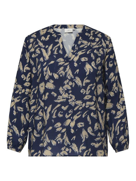 Women's Blouse Long Sleeve with V Neckline Blue