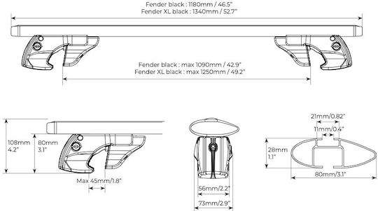 Menabo 135cm. 2012+ (with Roof Rack Legs) Black