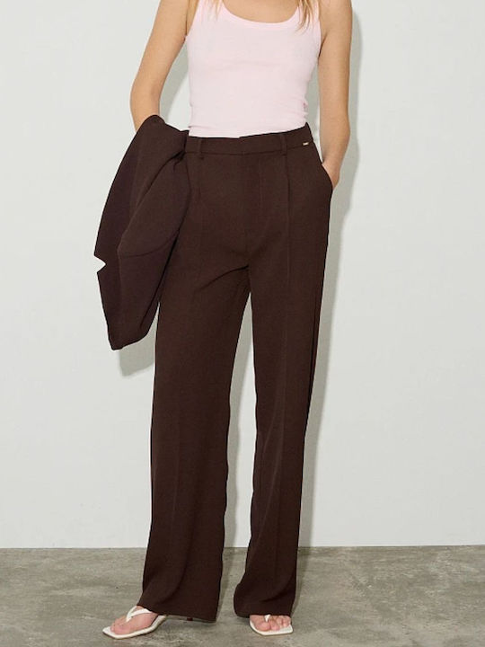 Women's High-waisted Fabric Trousers Regular Fit Chocolate
