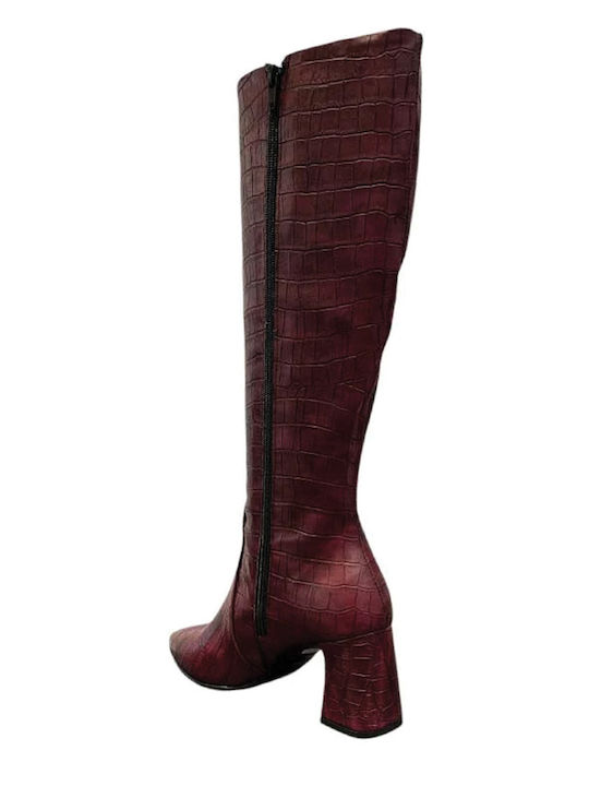 Leather Medium Heel Women's Boots Burgundy
