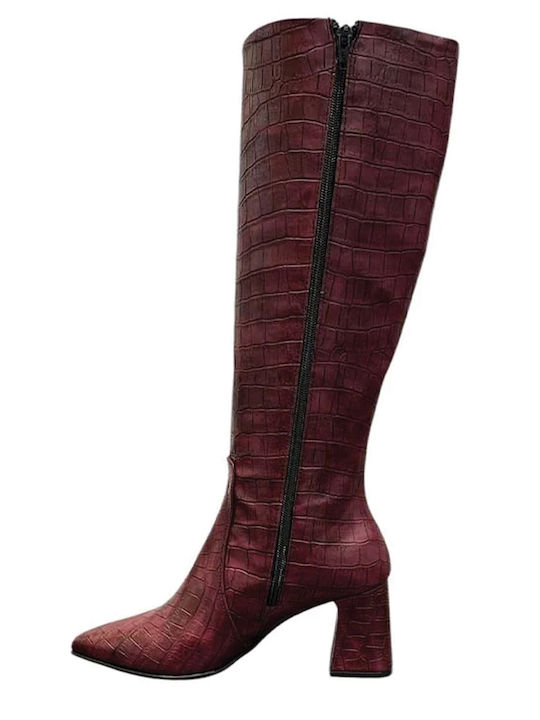 Leather Medium Heel Women's Boots Burgundy