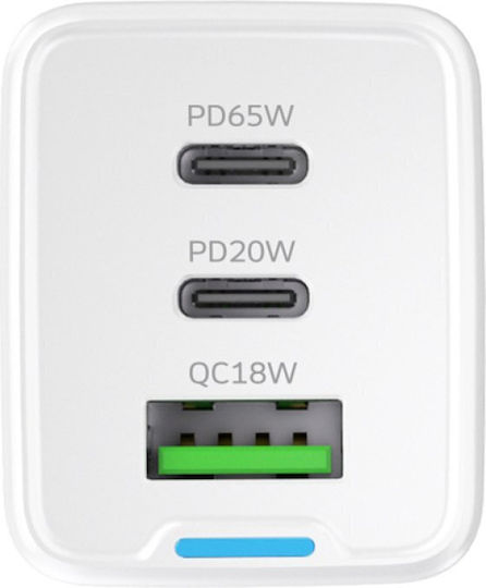Wozinsky Charger GaN with USB-A Port and 2 USB-C Ports and Cable USB-C - USB-C 65W Whites