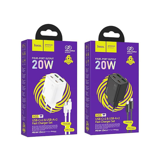 Hoco Φορτιστής GaN με 2 Θύρες USB-A και 2 Θύρες USB-C και Καλώδιο USB-C - Lightning 20W Power Delivery / Quick Charge 3.0 Μαύρος (N55 Fundador)