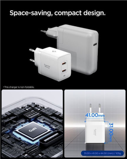 Spigen Φορτιστής Χωρίς Καλώδιο με 2 Θύρες USB-C 47W Power Delivery / Quick Charge 3.0 Λευκός (Essential EE472EU)