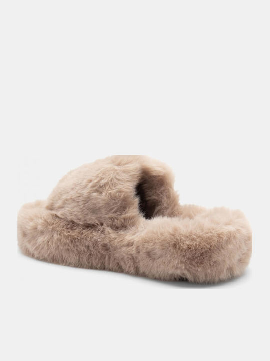 Winter Women's Slippers with Fur Beige