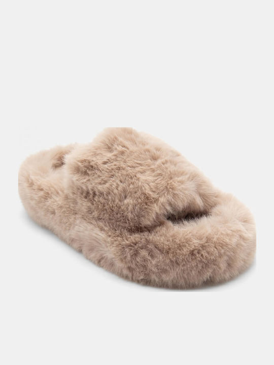 Winter Women's Slippers with Fur Beige