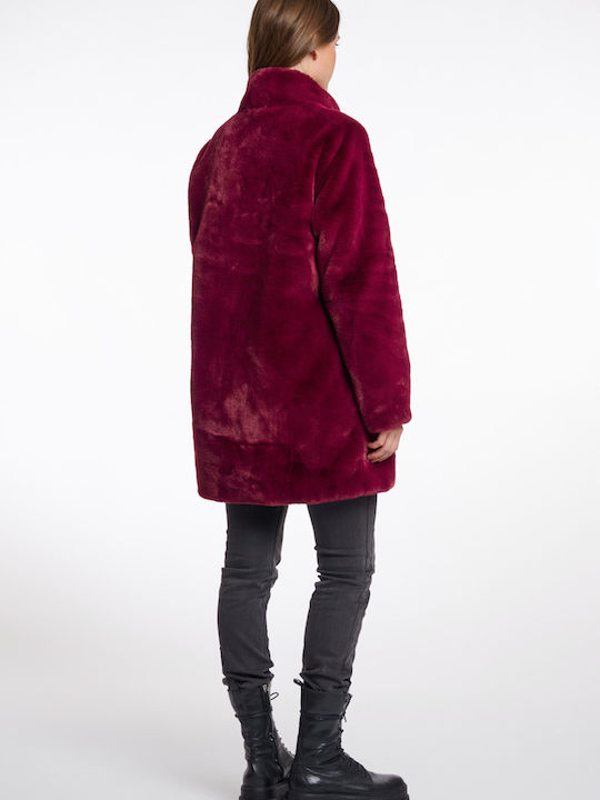 Women's Μπορντω Coat with Fur Details