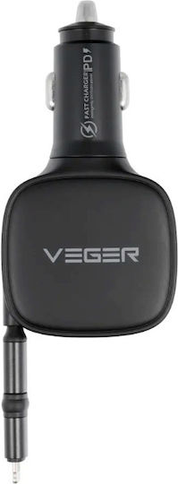 Veger Car Charger 84W Fast Charging with one Port: 1xType-C with Cable Lightning / Type-C Black Color