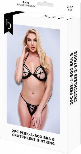 Μαύρο Γυναικείο Ανοιχτό Σετ Εσωρούχων Baci Lingerie Peek-a-boo Bra & Crotchless G-string Black 2pcs