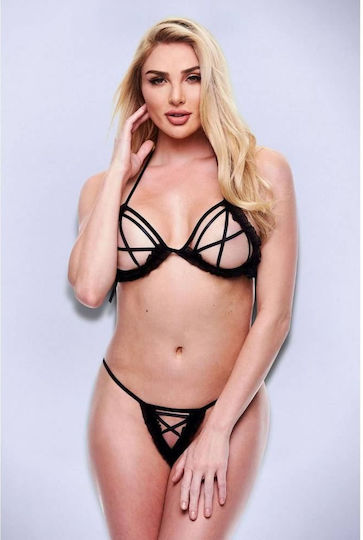 Μαύρο Γυναικείο Ανοιχτό Σετ Εσωρούχων Baci Lingerie Peek-a-boo Bra & Crotchless G-string Black 2pcs