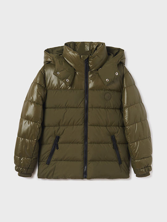 Down Kids Quilted Short Coat with Lining and Hood Khaki