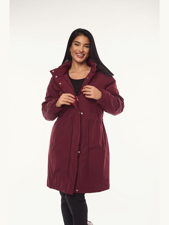 Women's Long Lifestyle Jacket for Winter with Hood Burgundy
